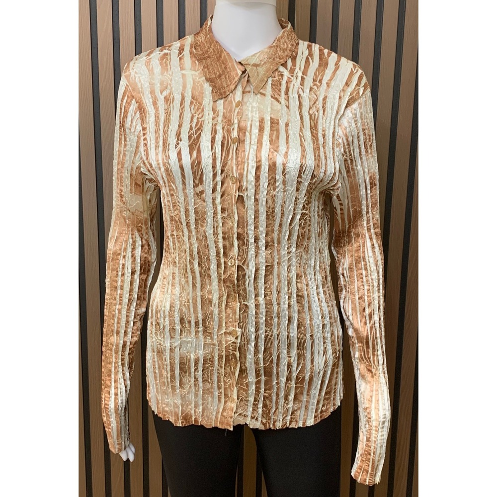 Cache Women's L Copper Cream Crinkle Textured Animal Print Button Down Blouse
